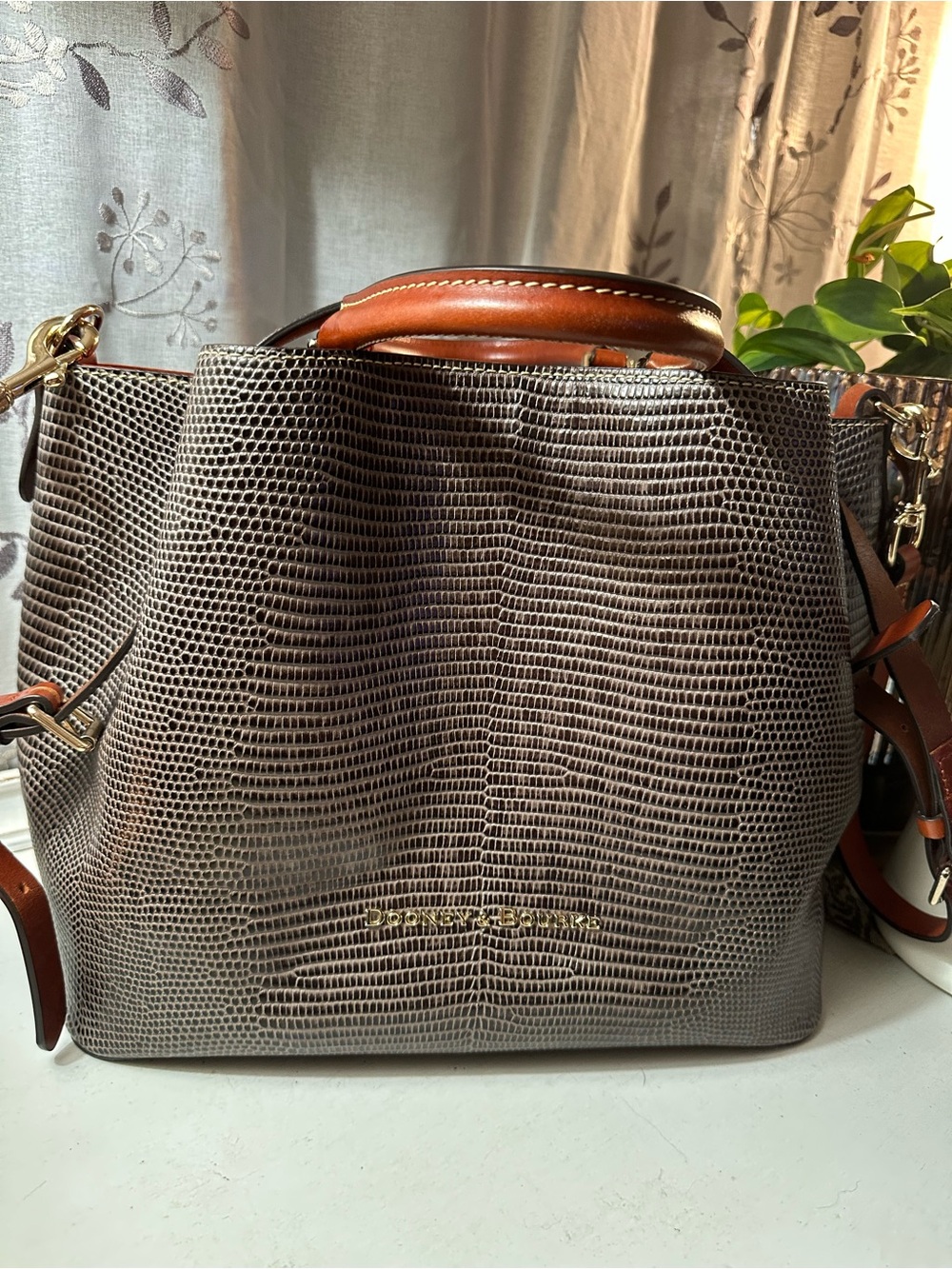 Dooney & Bourke Gray Lizard-Embossed Satchel with Brown Trim